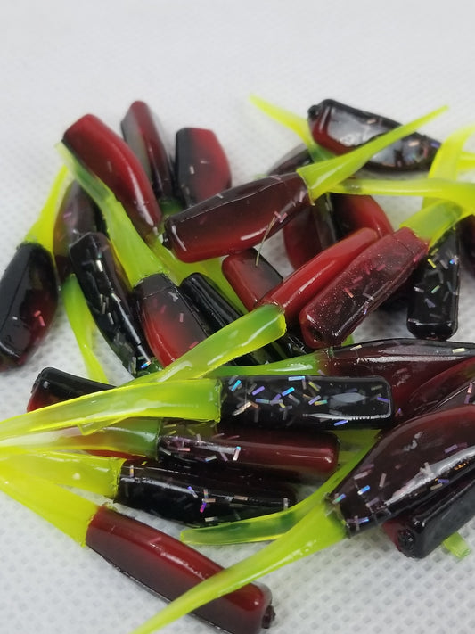 Cam's 2"(HOLOGRAM FLAKE)  Stinger Shad 35pc Red Black & Chartreuse Crappie Soft Jigs [A Cam's Exclusive]
