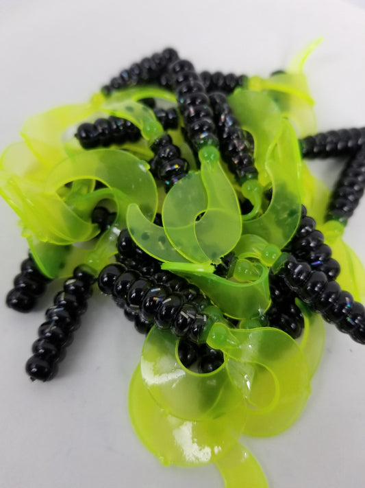 Cam's 2"(HOLOGRAM FLAKE)  Curly Tail Grub 35pc Black & Chartreuse Curly Tail Crappie Soft Jigs  [A Cam's Exclusive]