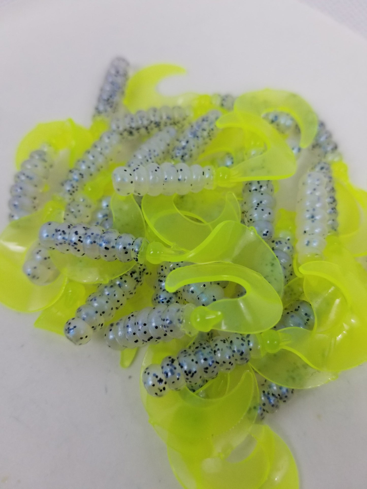 Cam's 2"(HOLOGRAM FLAKE)  Curly Tail Grub 35pc Monkey Milk & Chartreuse Curly Tail Crappie Soft Jigs  [A Cam's Exclusive]