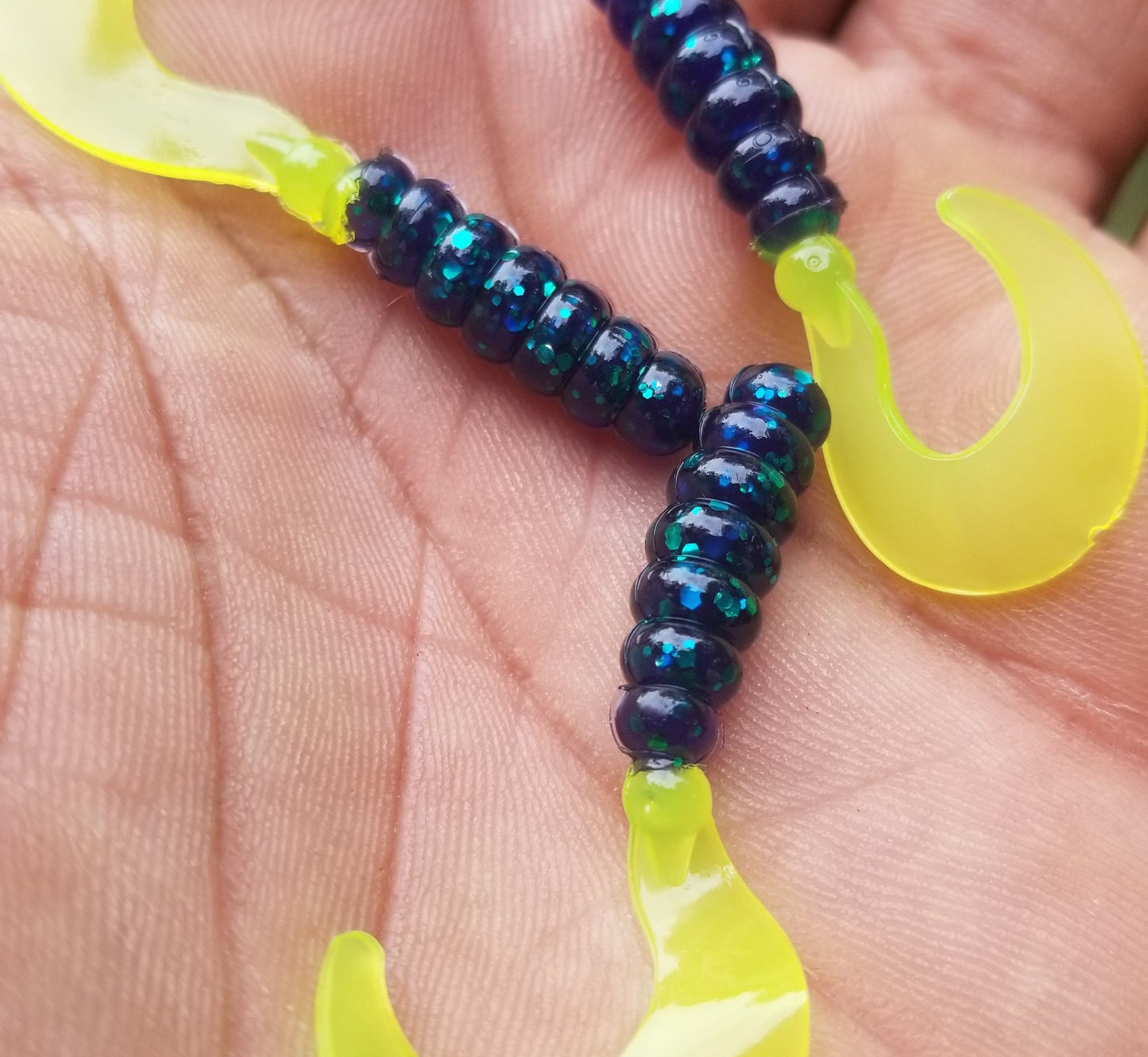 Cam's 2"(HOLOGRAM FLAKE)  Curly Tail Grub 35pc Blackberry Turquoise & Chartreuse Curly Tail Crappie Soft Jigs  [Cam's Exclusive]