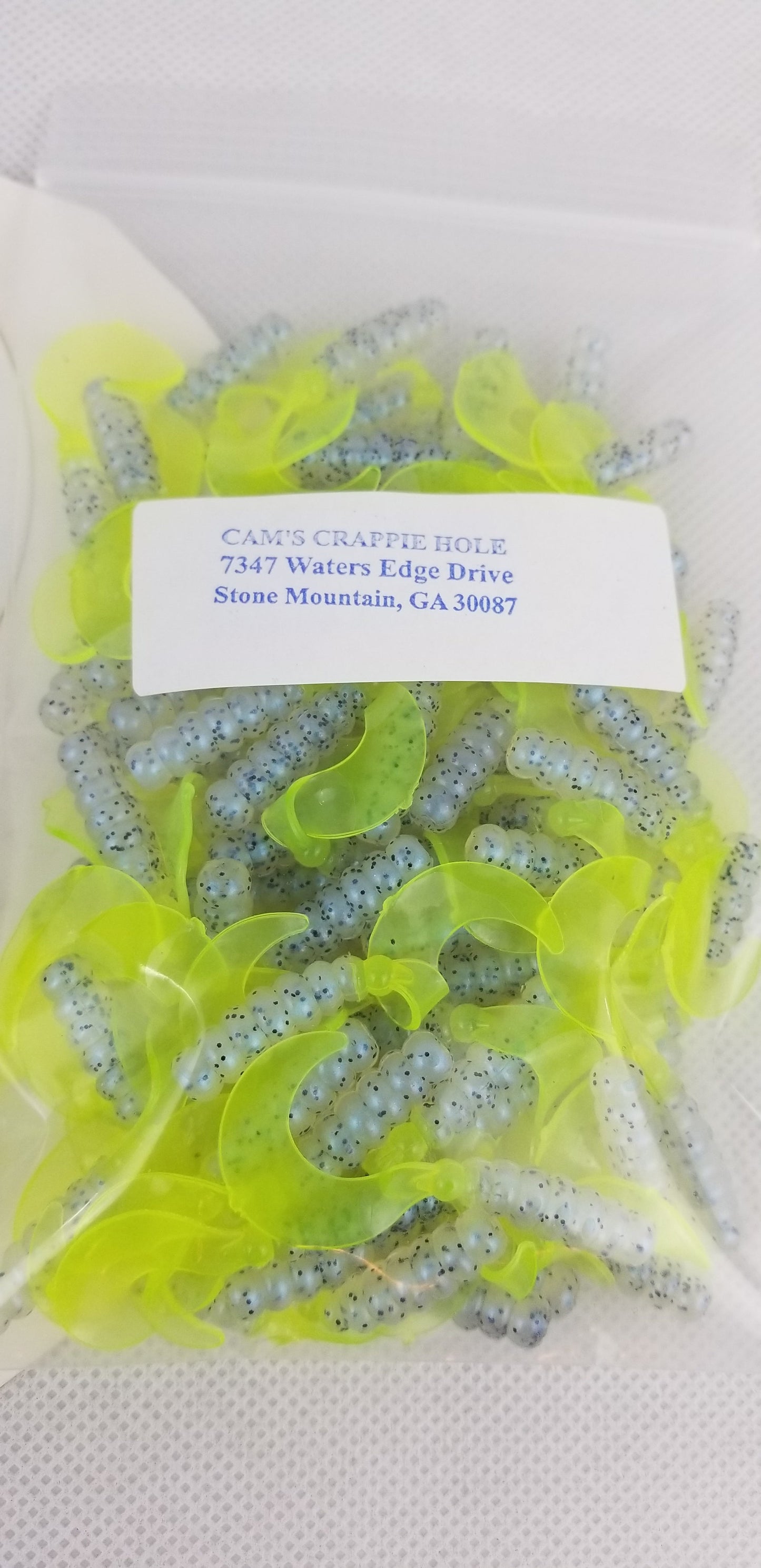 Cam's 2"(HOLOGRAM FLAKE)  CURLY TAIL 100pc MONKEY MILK & CHARTREUSE Crappie Soft Jigs [A Cam's Exclusive]