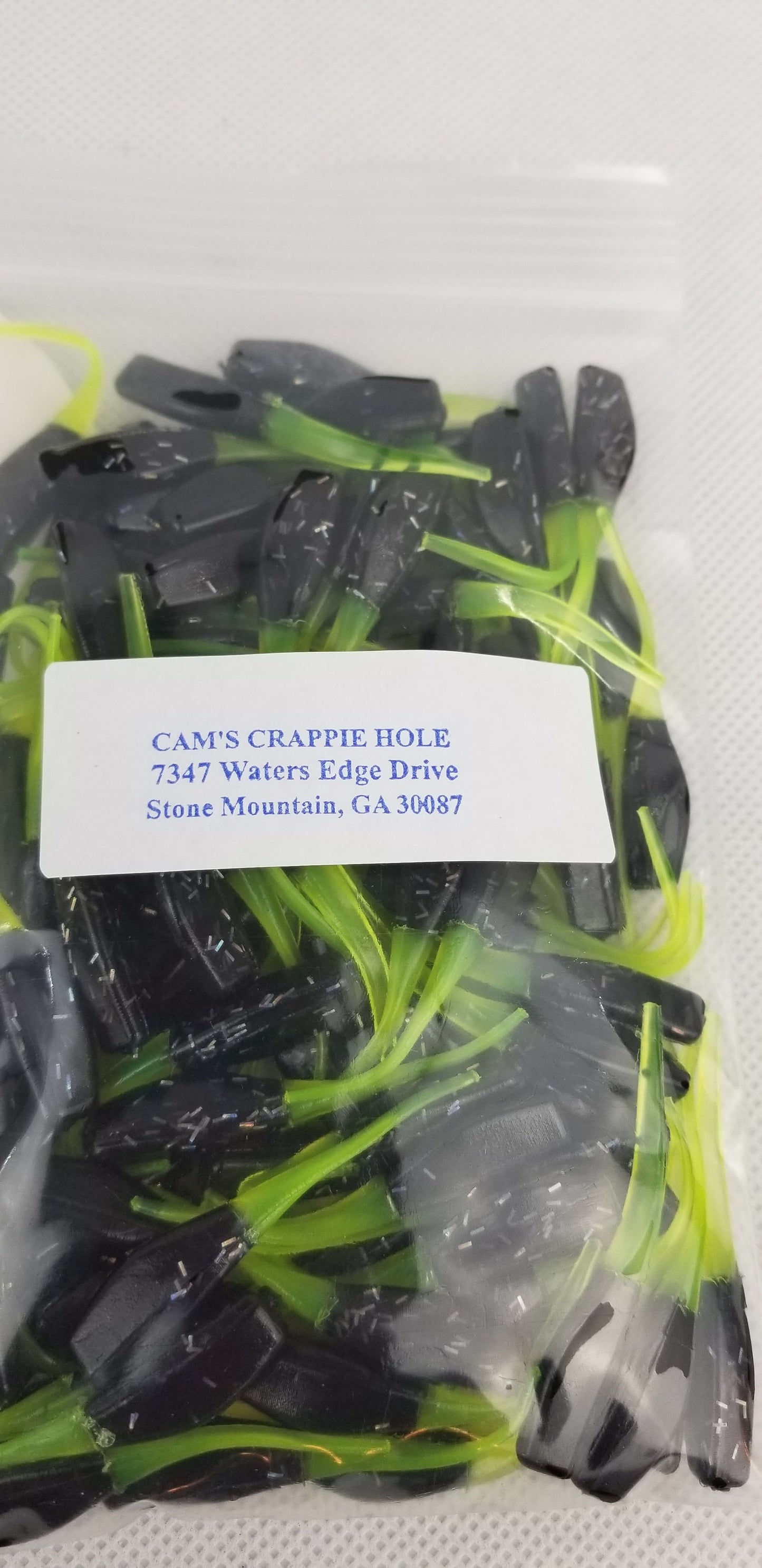 Cam's 2"(HOLOGRAM FLAKE)  STINGER SHAD 100pc BLACK & CHARTREUSE Crappie Soft Jigs [A Cam's Exclusive]