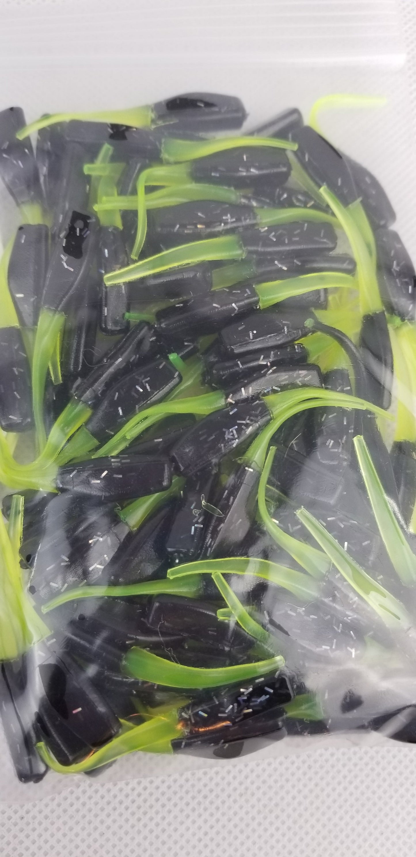 Cam's 2"(HOLOGRAM FLAKE)  STINGER SHAD 100pc BLACK & CHARTREUSE Crappie Soft Jigs [A Cam's Exclusive]