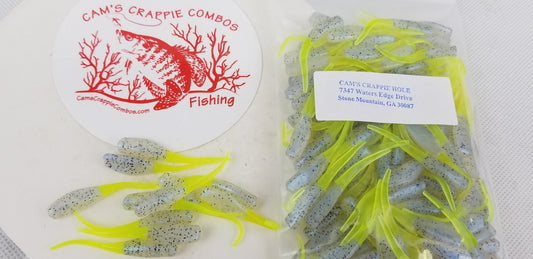 Cam's 2"(HOLOGRAM FLAKE)  STINGER SHAD 100pc MONKEY MILK & CHARTREUSE Crappie Soft Jigs [A Cam's Exclusive]