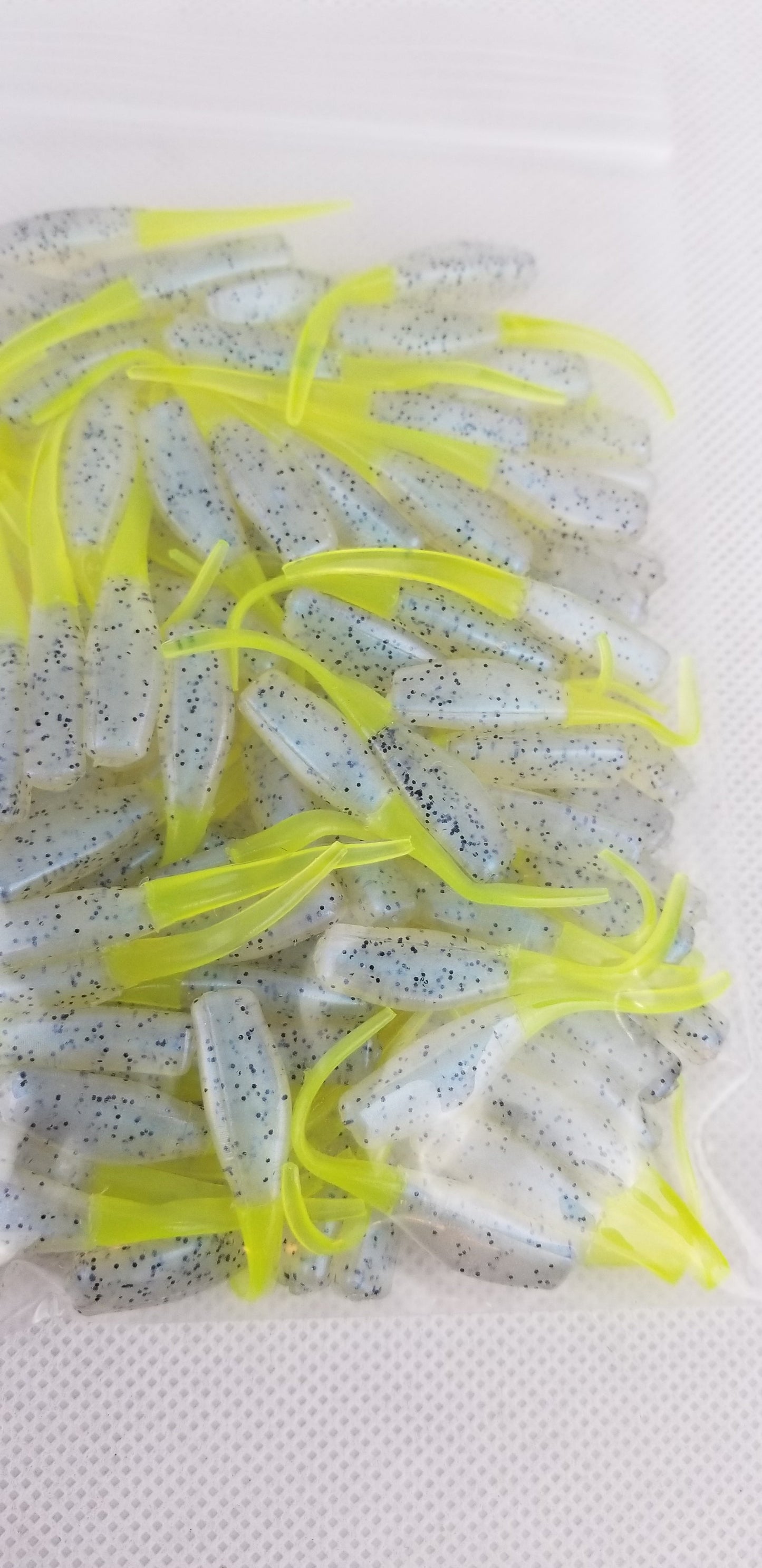 Cam's 2"(HOLOGRAM FLAKE)  STINGER SHAD 100pc MONKEY MILK & CHARTREUSE Crappie Soft Jigs [A Cam's Exclusive]
