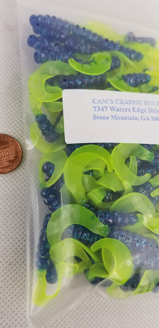 Cam's 2"(HOLOGRAM FLAKE) FIREBALL BLUE 35pc  Curly Tail Crappie Soft Jigs  [A Cam's Exclusive]
