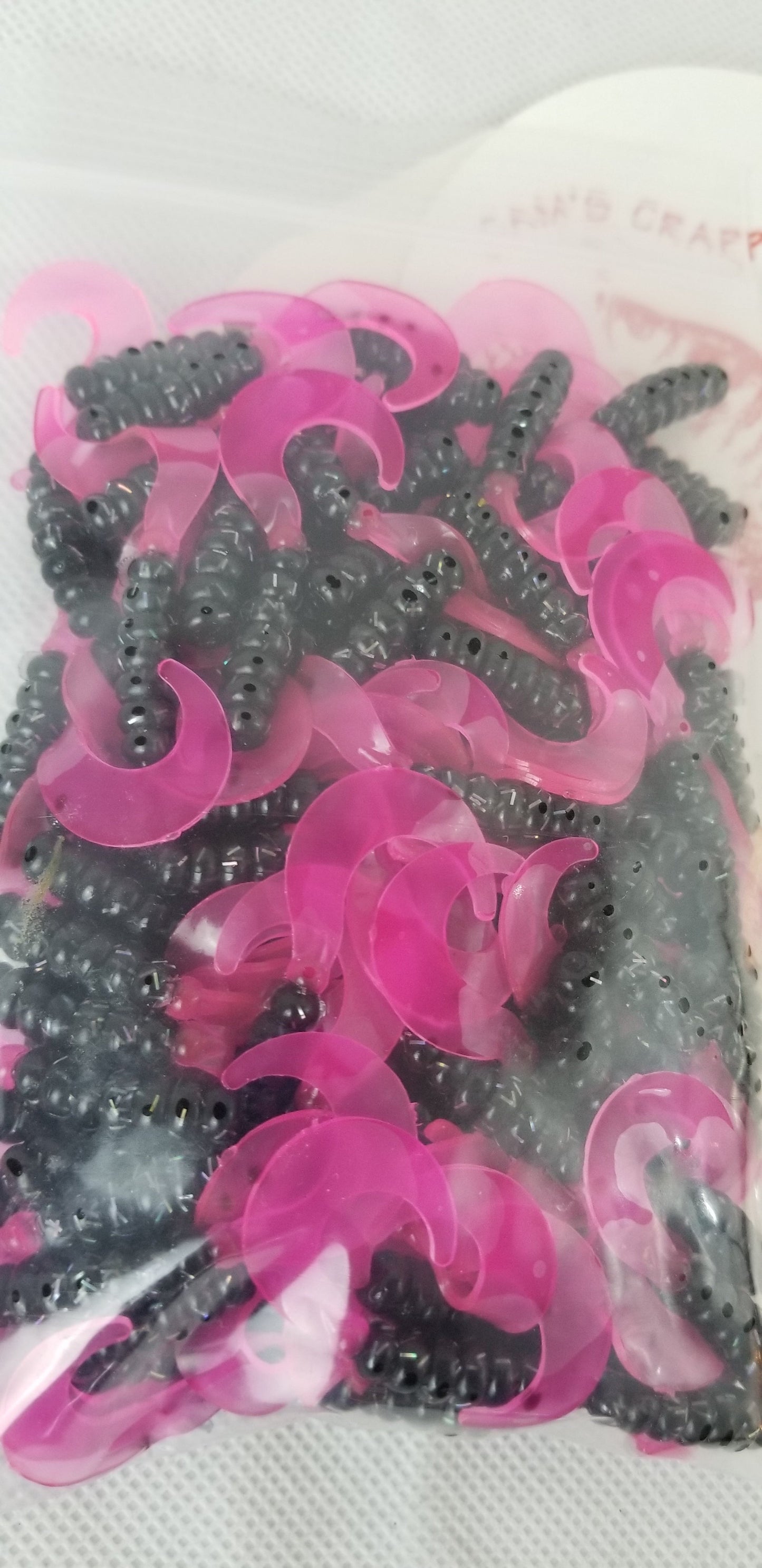 Cam's 2" BLACK BLAZE (HOLOGRAM FLAKE)  Curly Tail Grub 100pc  Crappie Soft Jigs  [A Cam's Exclusive]