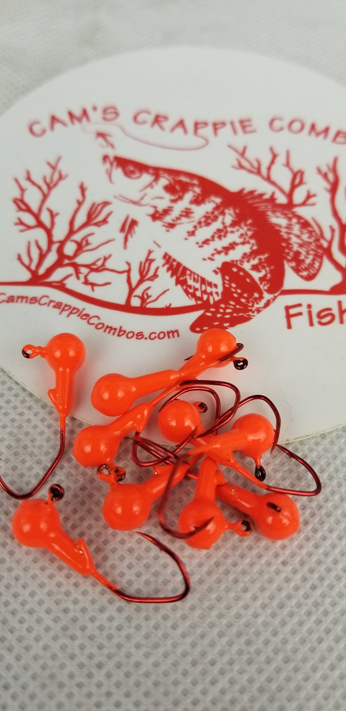 35 pk. 1/32 oz. Cam's "ORANGE" Painted jigs with Collar and #2 Red Chrome "NASTY BEND HOOK"