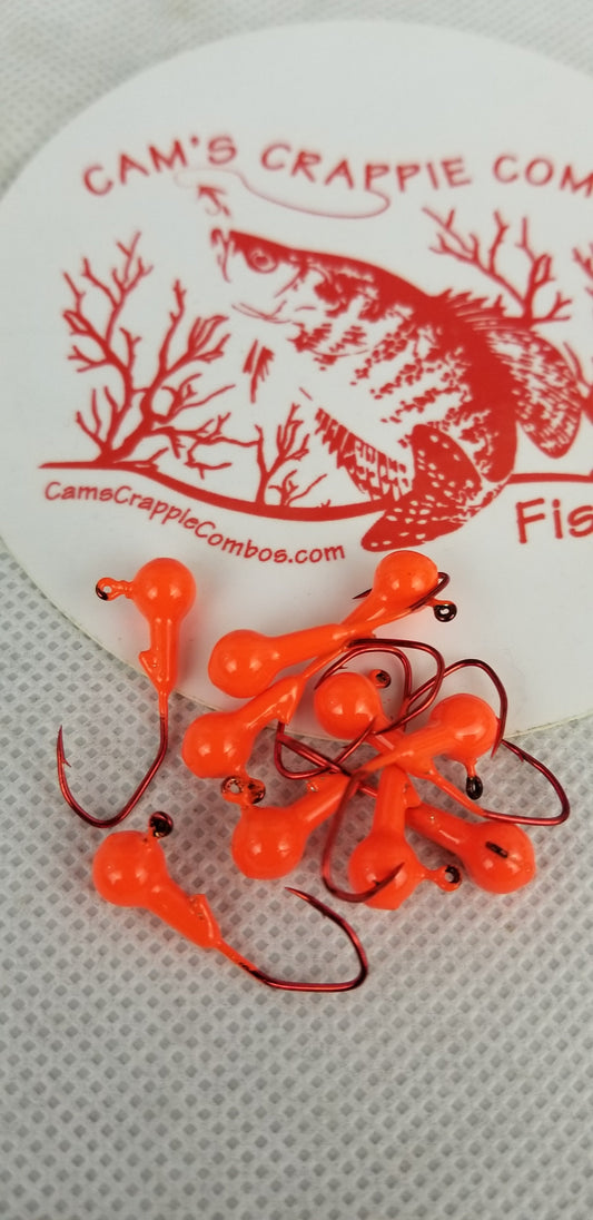 35 pk. 1/16 oz. Cam's "ORANGE" Painted jigs with Collar and #2 Red Chrome "NASTY BEND HOOK"