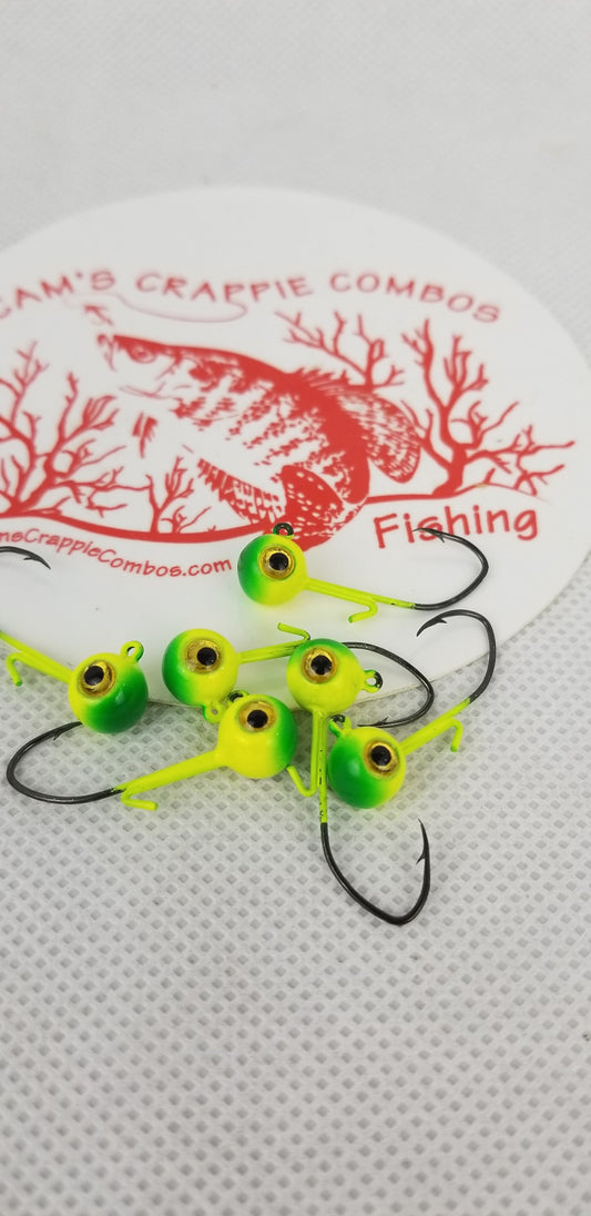 Cam's 20ct. Premium Honey Chartreuse (1/16 #4 Nasty Bend Hook) Holographic Life Like Double Paint Jig Head