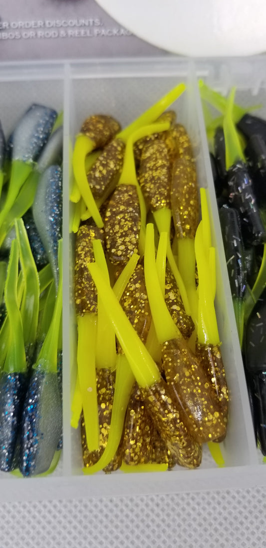 2026 New Cam's Complete Hooks & Plastics "GOLDFINGER" Stinger Shad Plastics [Hologram Flake] Assortment Package Kit