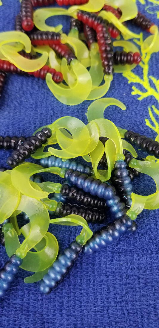 Cam's 2"(HOLOGRAM FLAKE) RED BLACK & CHARTREUSE/BLUE BLACK & CHARTREUSE 100pc (SPLIT SET) Curly Tail Crappie Soft Jigs [A Cam's Exclusive]