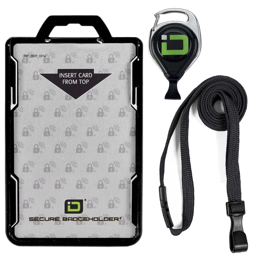 Secure Badge Holder Duolite ® Vertical 2 ID Card Holder, Retractable Reel, and Lanyard Bundle