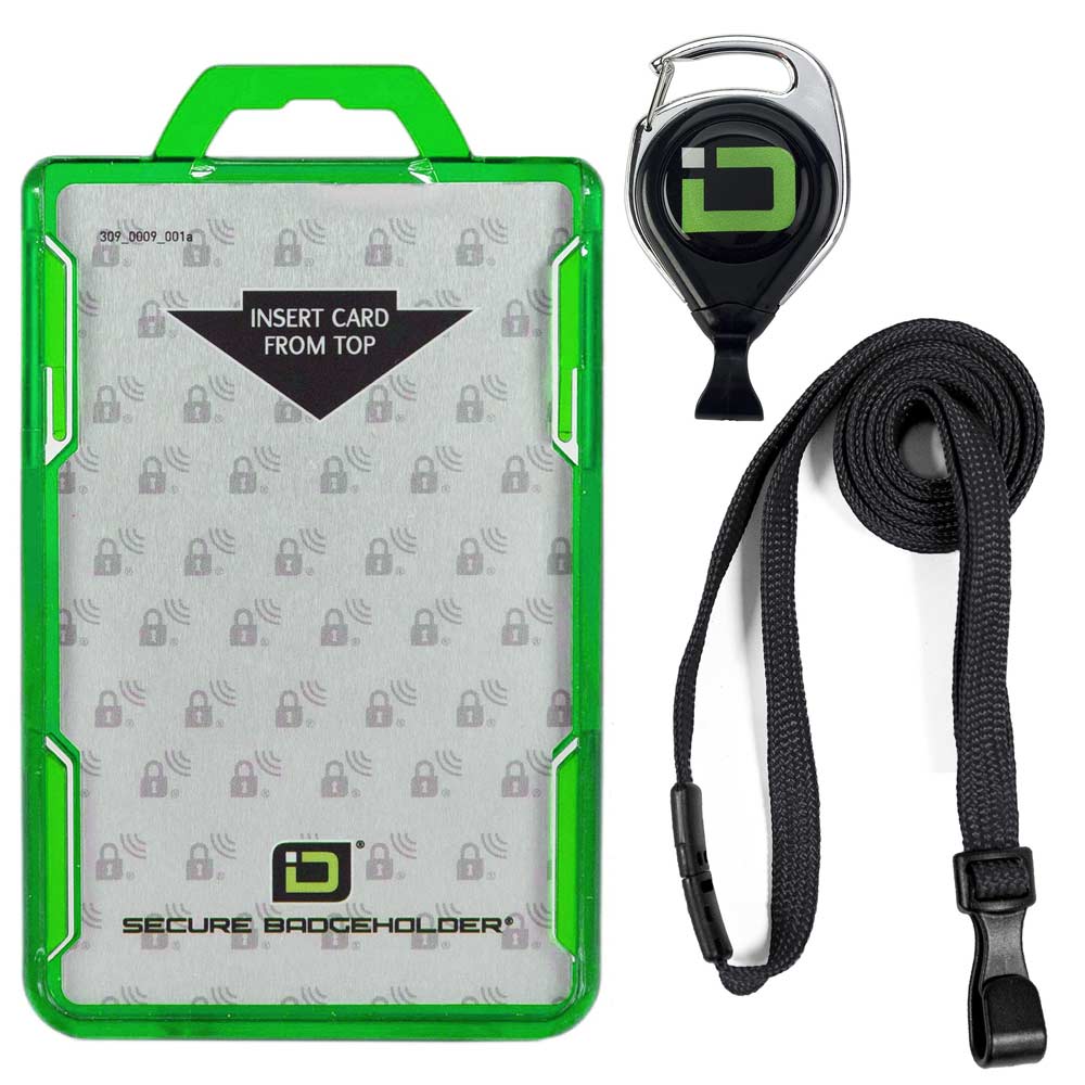 Secure Badge Holder Duolite ® Vertical 2 ID Card Holder, Retractable Reel, and Lanyard Bundle