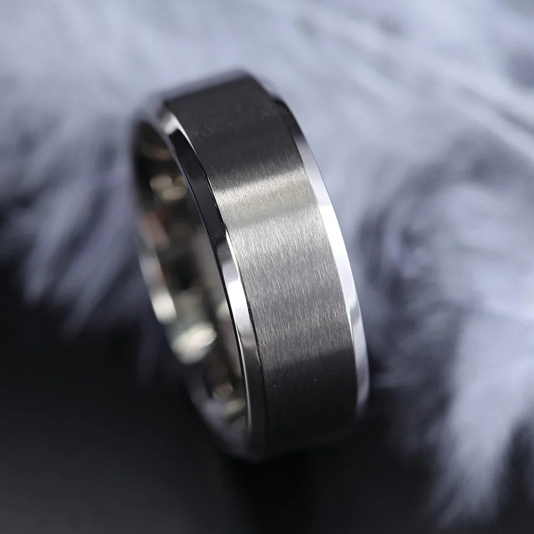 SHIRE Titanium Men’s Flat Wedding Ring, Brushed Center with Polished Beveled Edges — 6mm & 8mm