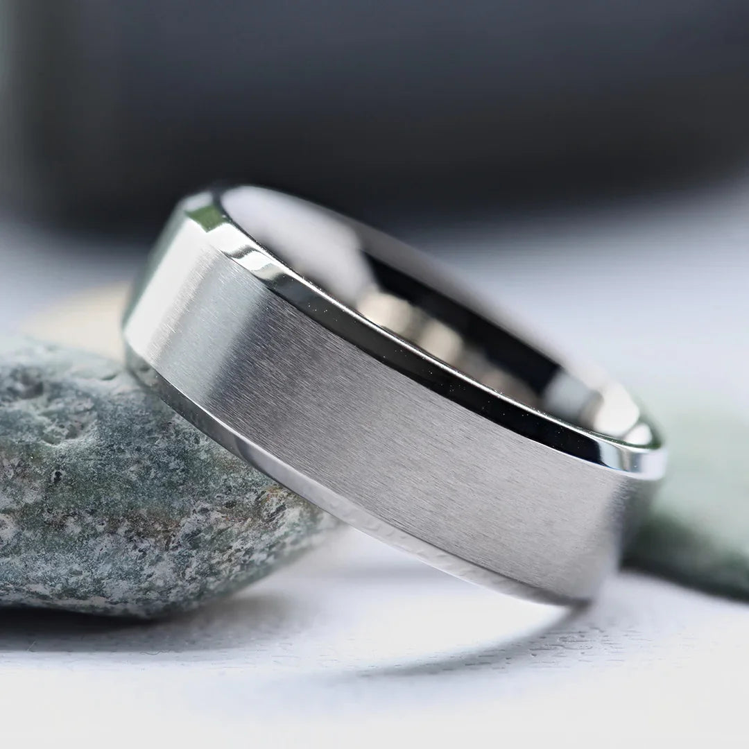 SHIRE Titanium Men’s Flat Wedding Ring, Brushed Center with Polished Beveled Edges — 6mm & 8mm