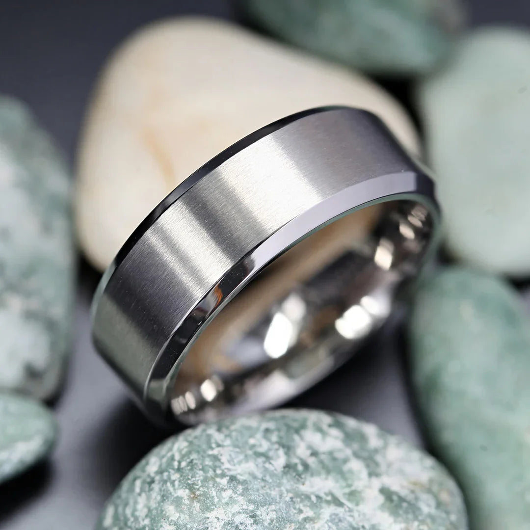 SHIRE Titanium Men’s Flat Wedding Ring, Brushed Center with Polished Beveled Edges — 6mm & 8mm