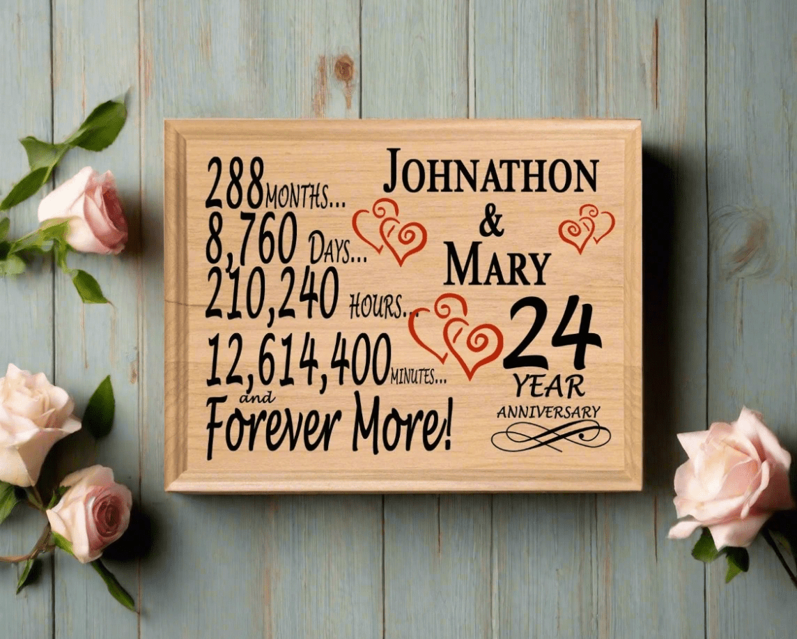Personalized 24th Anniversary Gift – Custom Wood Keepsake for Husband, Wife, or Couple