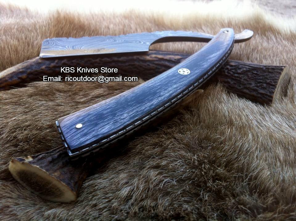 Luxury Antique Razor with Damascus Steel Blade and Exotic Pakka Wood, Brass Liner Handle - Includes Leather Case - Available Exclusively at KBS Knives Store