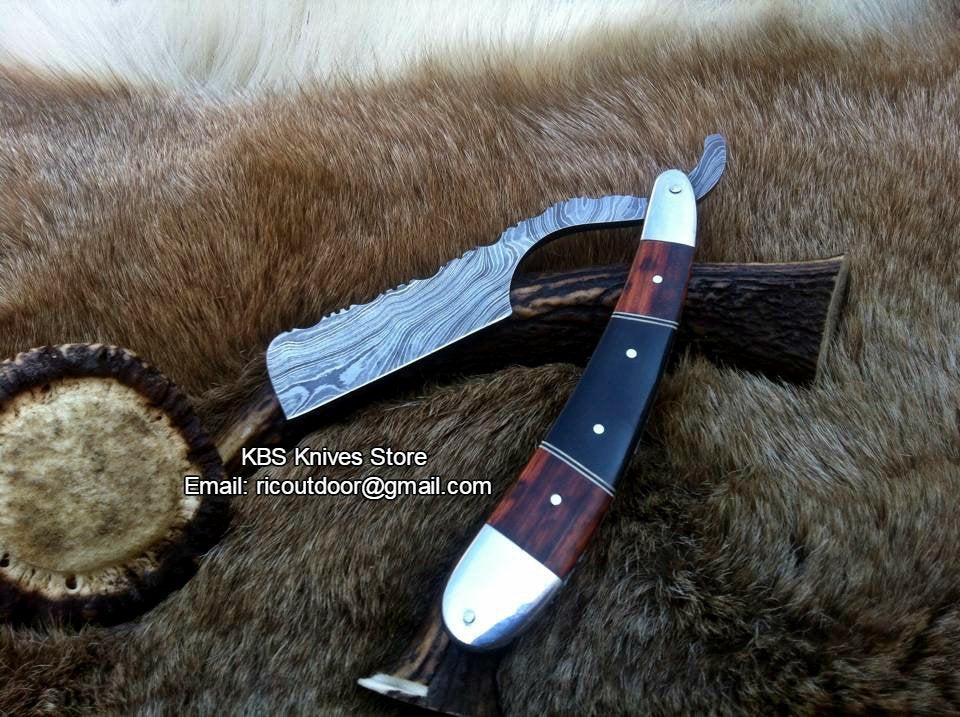 Luxury Antique Razor with Damascus Steel Blade and Buffalo Horn-Rosewood, Brass Bolsters Handle - Includes Leather Case - Available Exclusively at KBS Knives Store