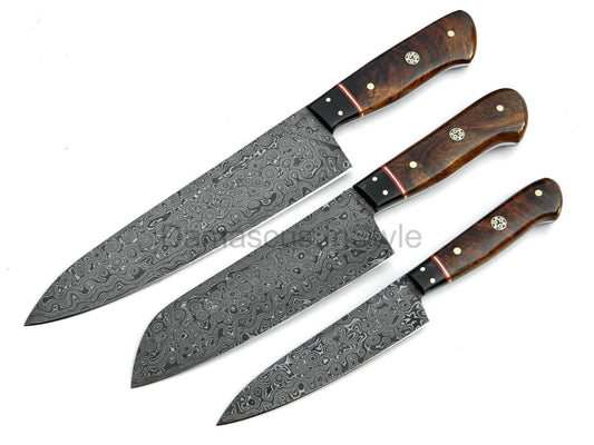 Custom Handmade Raindrop Damascus Steel 3/Pcs Kitchen/Chef knives Set