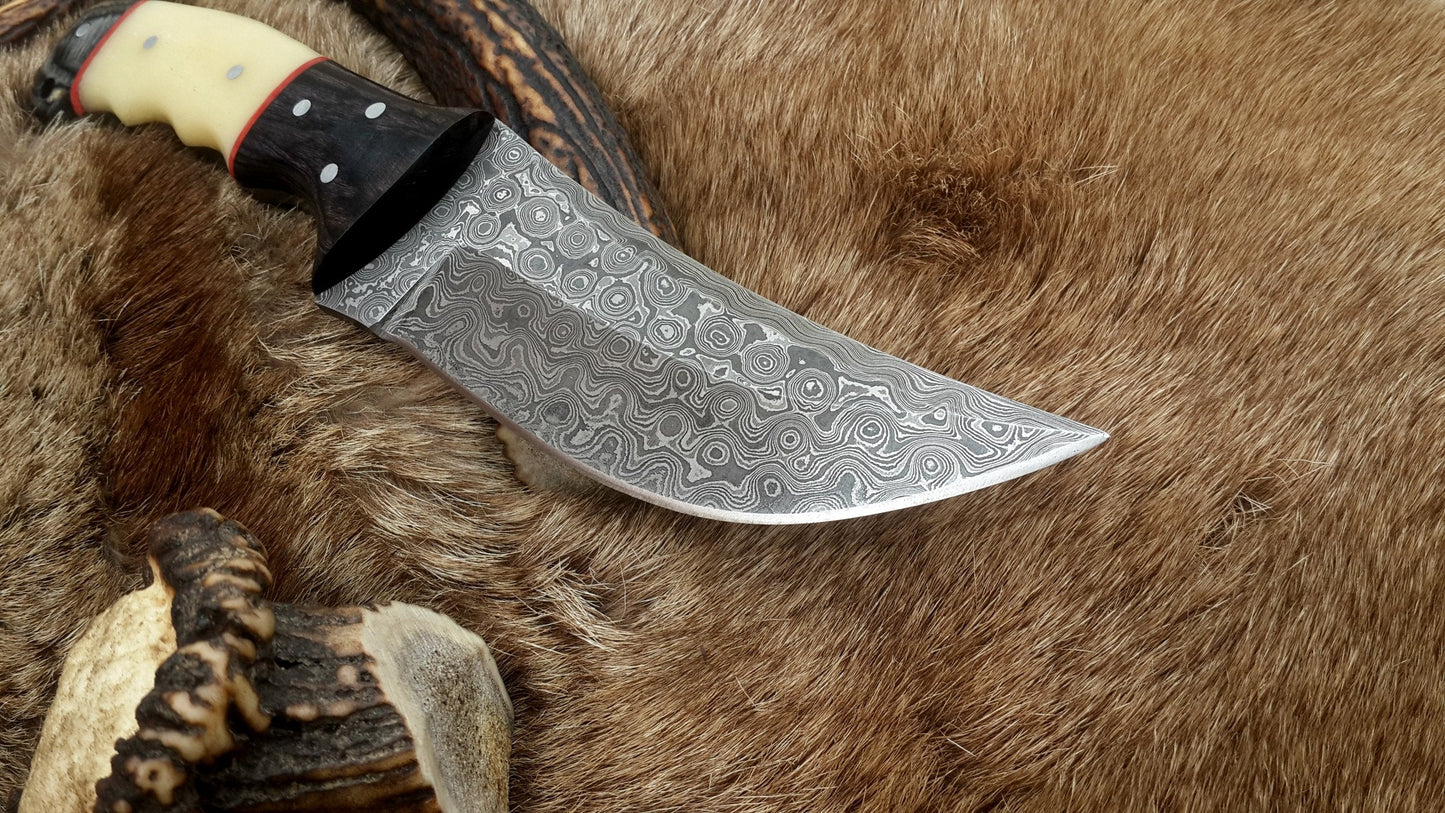 The Master Hunter: Custom Handmade Damascus Steel Fixed-Blade Hunting Knife | Camel Bone & Exotic Wood | 10 Inches | KBS Knives