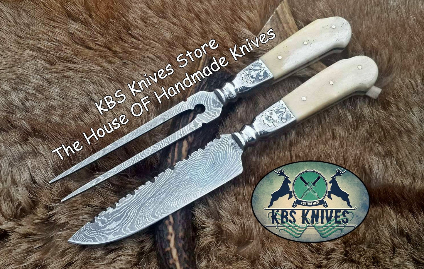 Custom Handmade Damascus Blade Fork And BBQ Knife Set