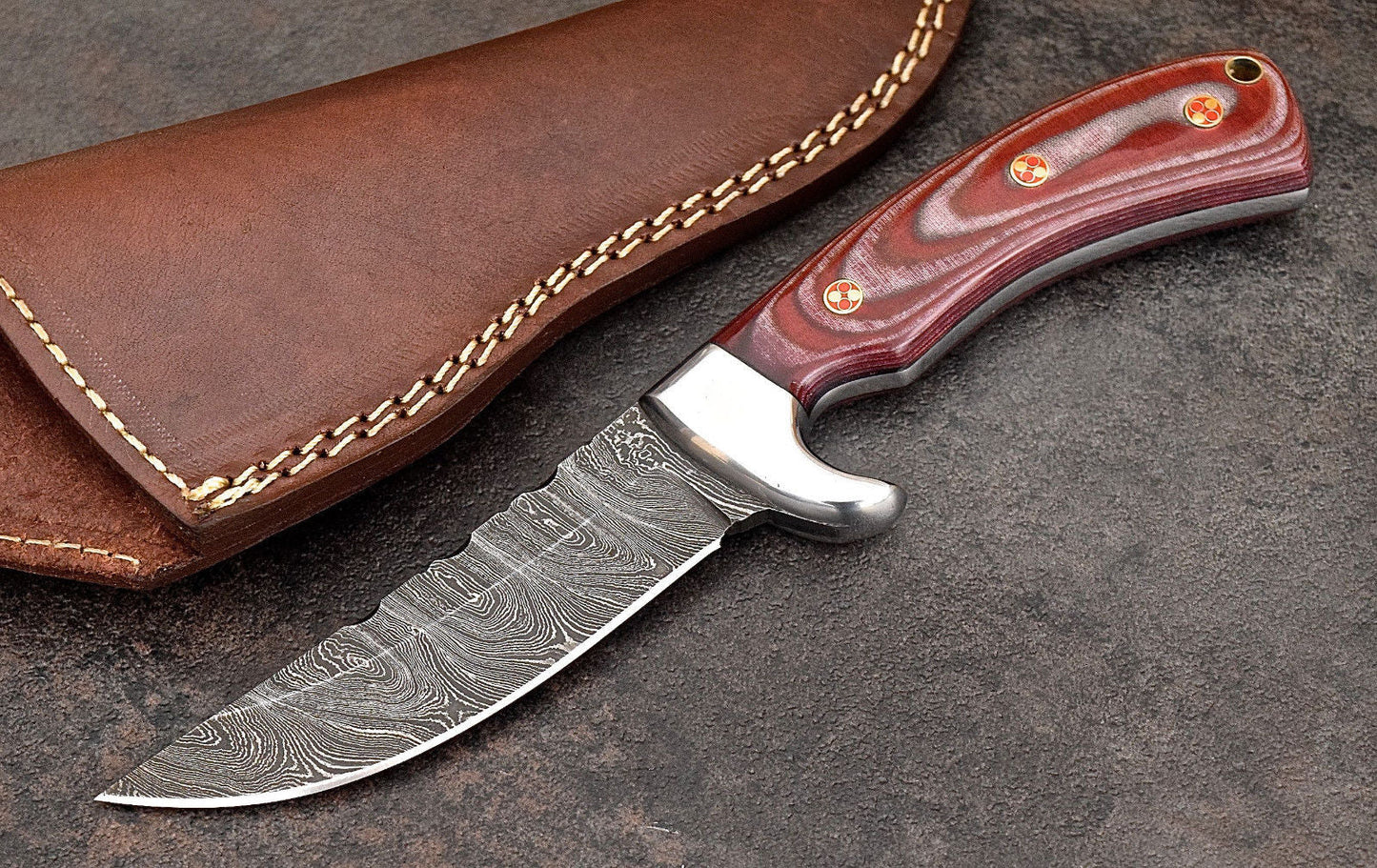 Custom Handmade Damascus Steel Red Micarta Skinning/Camping/Hunting Knife