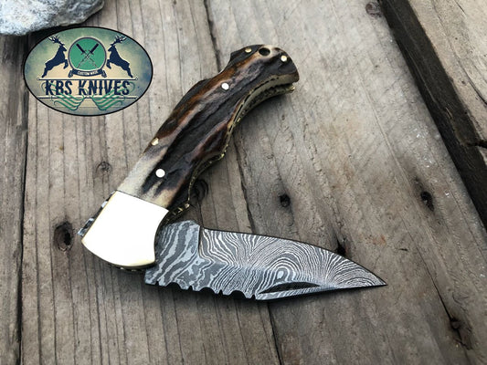Beautiful Custom Handmade Damascus Steel EDC back Lock Pocket knife