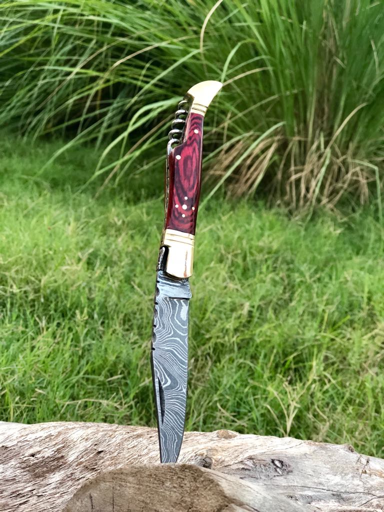 New Custom Handmade Damascus Steel Steak Blade Pocket Knife With  Corkscrew Wine Opener