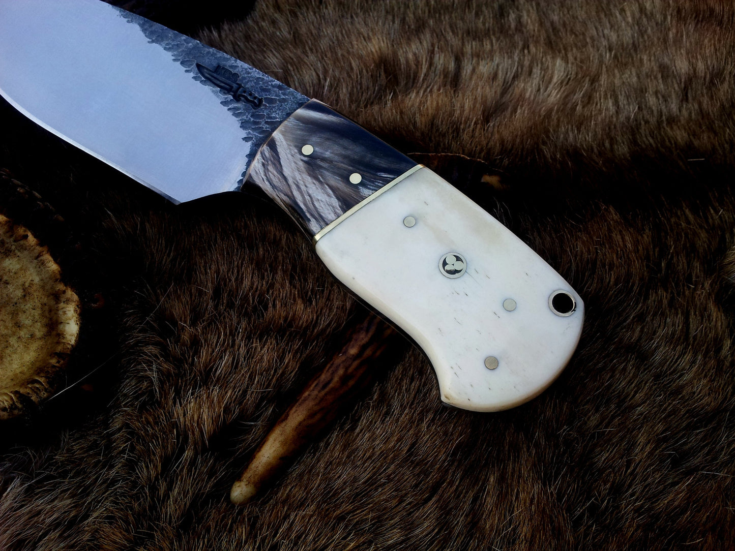 Custom Handcrafted 1095 Forged Steel Skinning Knife with Buffalo Horn and Camel Bone Handle - 8 Inch Hunting Knife