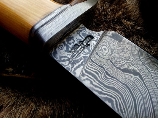 Custom Handmade Damascus Hunting Knife | Olivewood Handle with Damascus Guard | 12 Inches | Leather Sheath | KBS Knives
