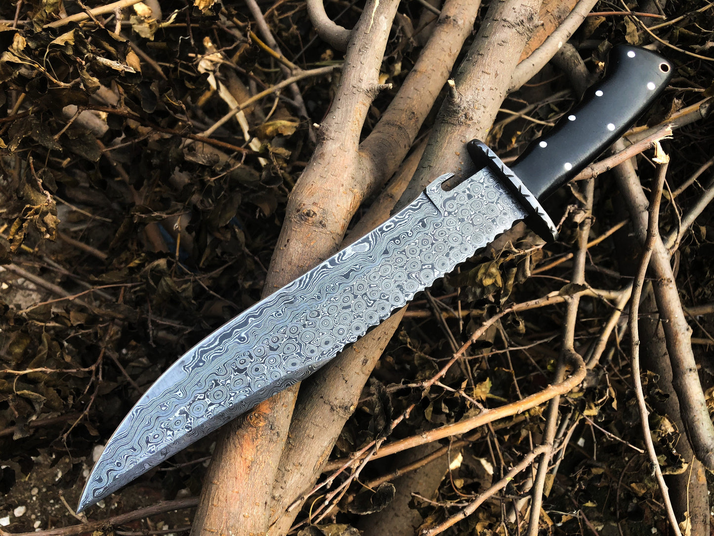 "Best Hunting Big Bowie Knife | Full Tang Raindrop Damascus Blade | Canvas Micarta & Damascus Guard Handle | 17 Inches | Leather Sheath | KBS Knives Store"