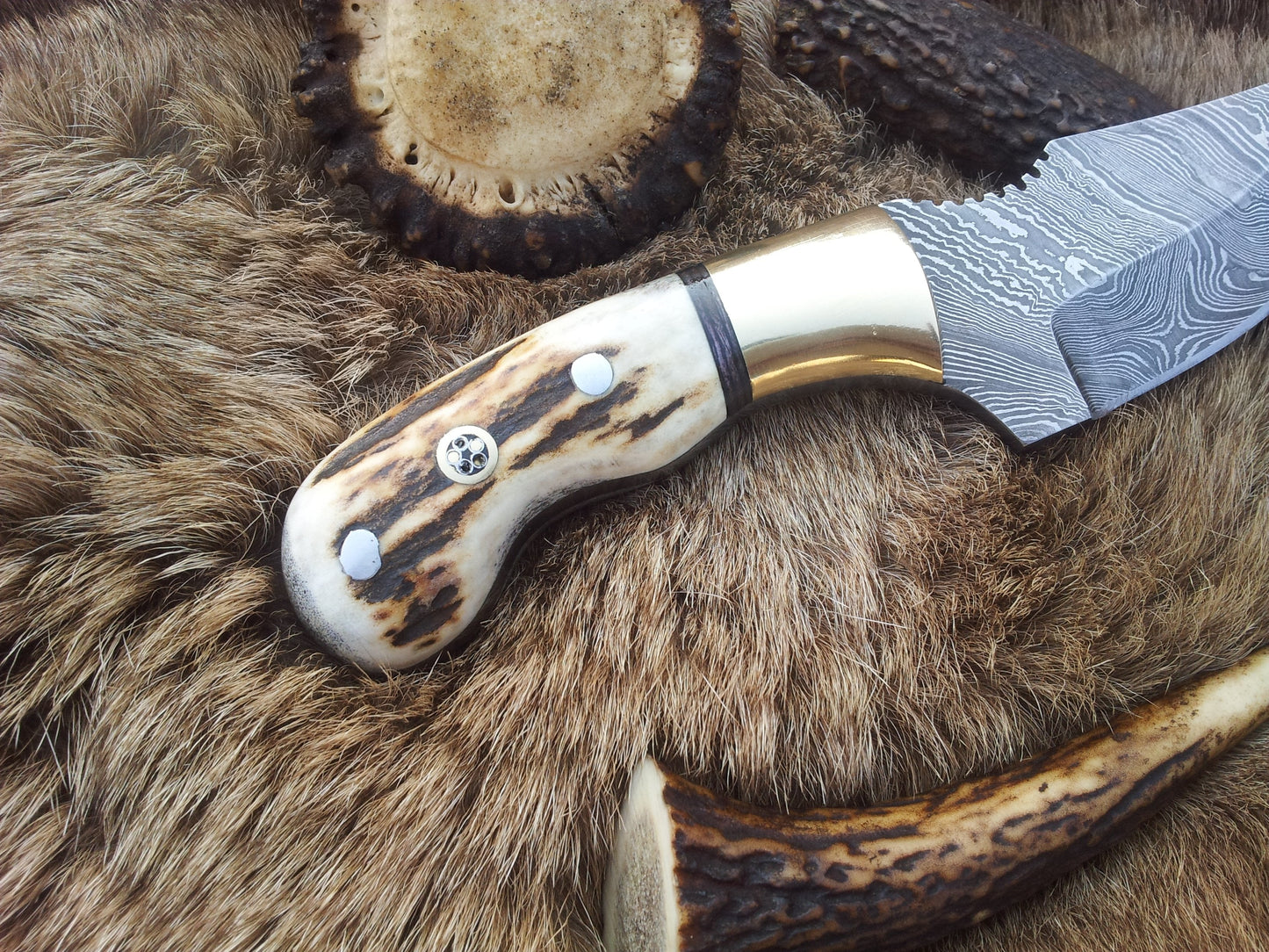 Custom Damascus Steel Field Dressing Deer Skinny Knife – 7.25 Inch Drop Point Blade with Antler Horn Handle and Brass Bolster