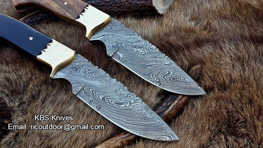 Deal of 2 Custom Handmade 9-Inch Damascus Fixed-Blade Hunting Knives - Rosewood & Buffalo Horn | KBS Knives Store