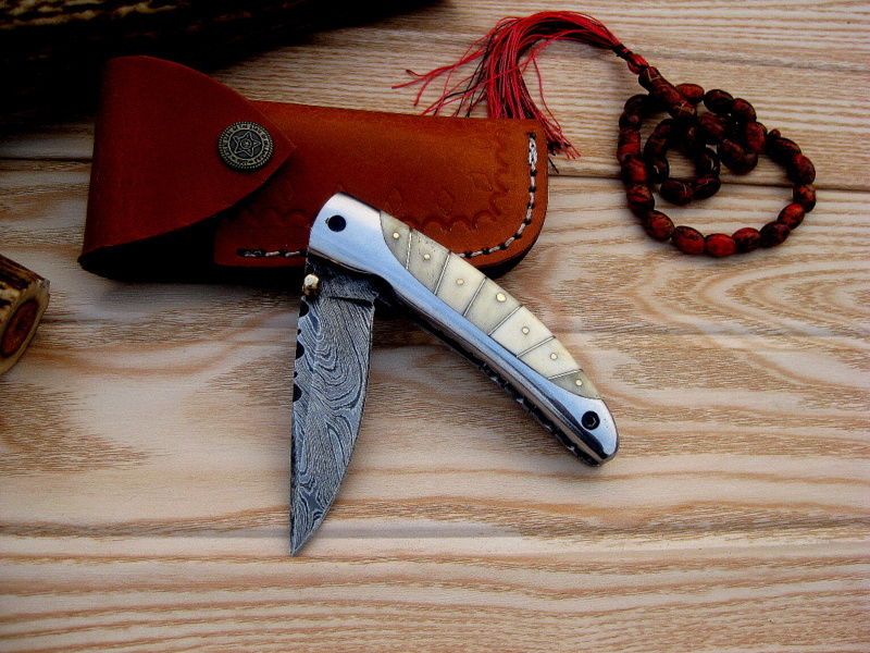 Everyday Carry Damascus Steel Pocket Knife - Bone and Steel Elegance
