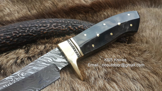 Custom Handmade 9-Inch Damascus Fixed-Blade Hunting Knife with Buffalo Horn Handle & Brass Guard | KBS Knives Store