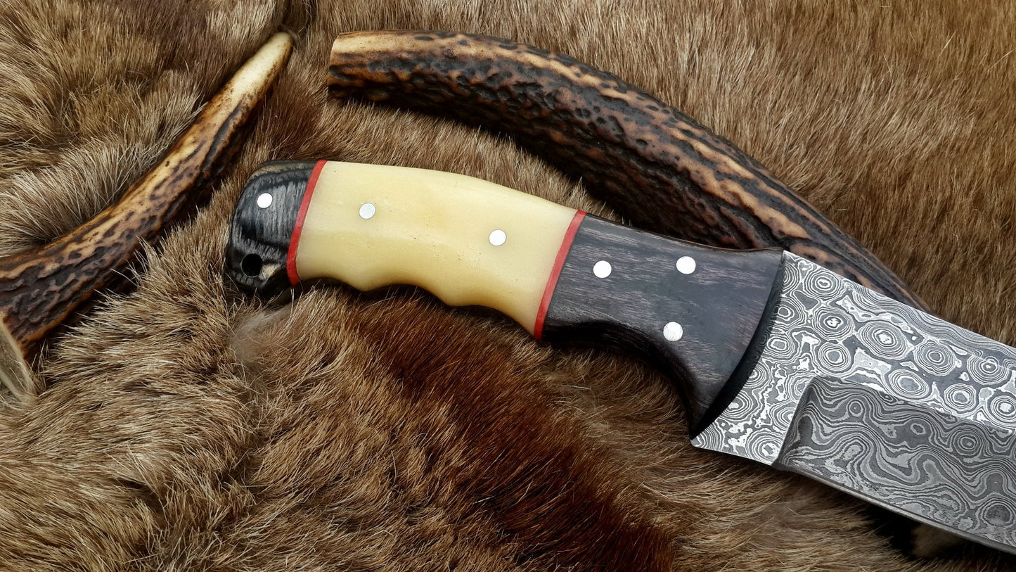 The Master Hunter: Custom Handmade Damascus Steel Fixed-Blade Hunting Knife | Camel Bone & Exotic Wood | 10 Inches | KBS Knives