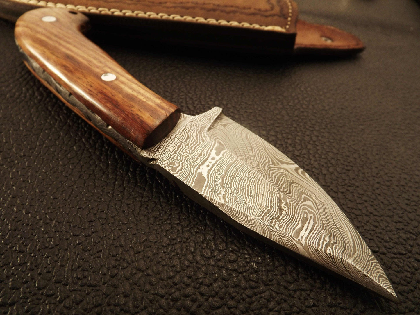 Custom Handmade Damascus Skinning Knife with Olive Wood Handle