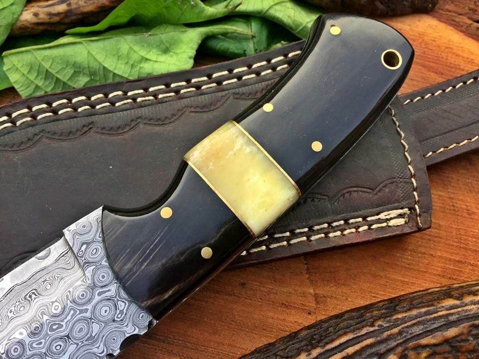 Custom Handmade Raindrop Damascus Steel Hunting EDC Skinning Knife