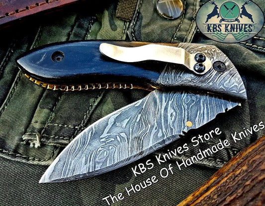 Custom Handmade Damascus Steel Folding Knife With Pocket Clip