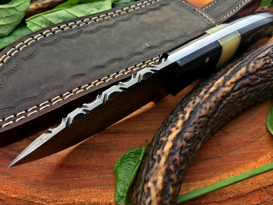 Custom Handmade Raindrop Damascus Steel Hunting EDC Skinning Knife