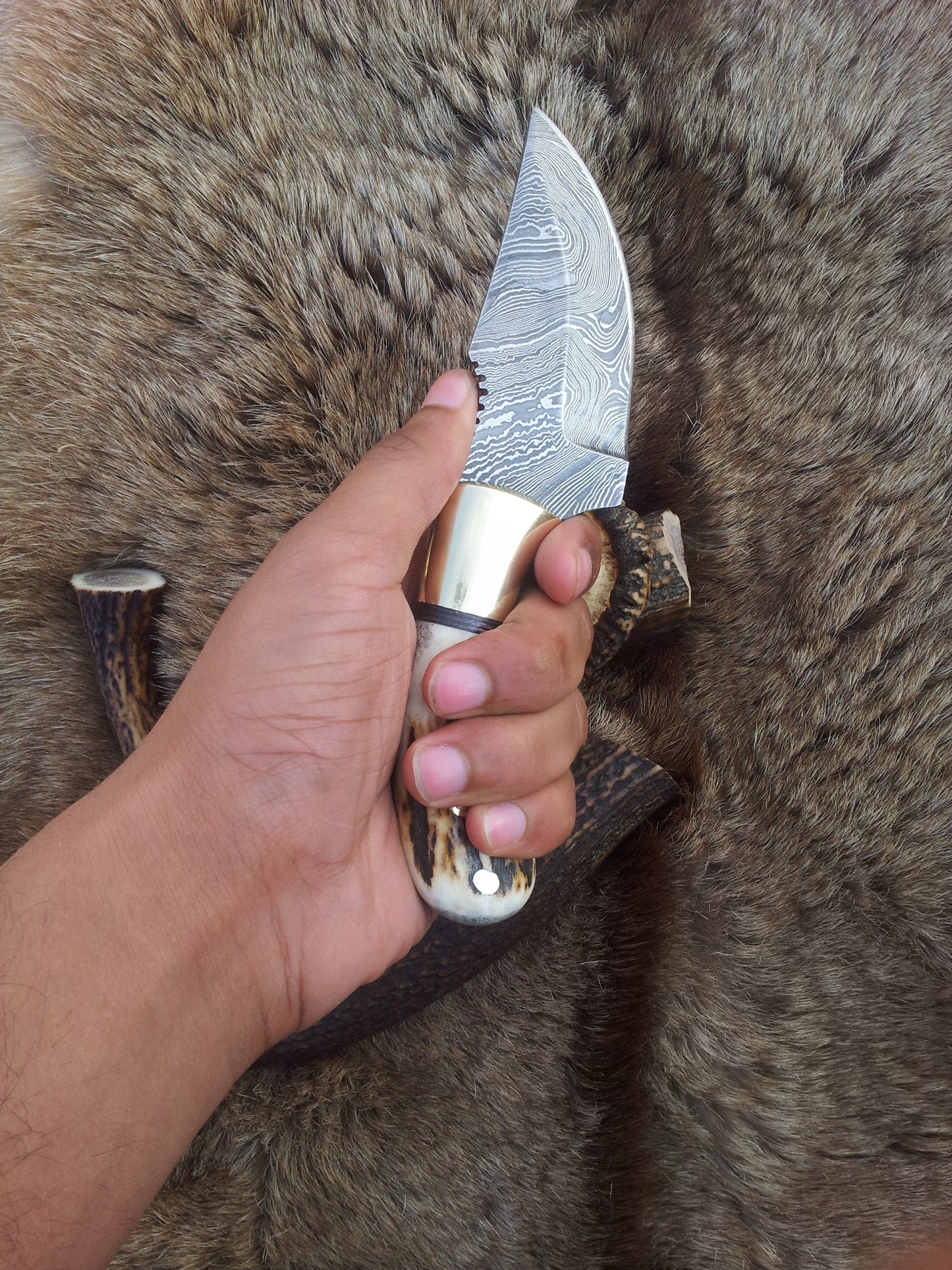 Custom Damascus Steel Field Dressing Deer Skinny Knife – 7.25 Inch Drop Point Blade with Antler Horn Handle and Brass Bolster
