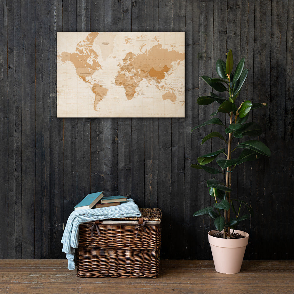 Sepia World Map Hand Stretched 36 x 24 Canvas