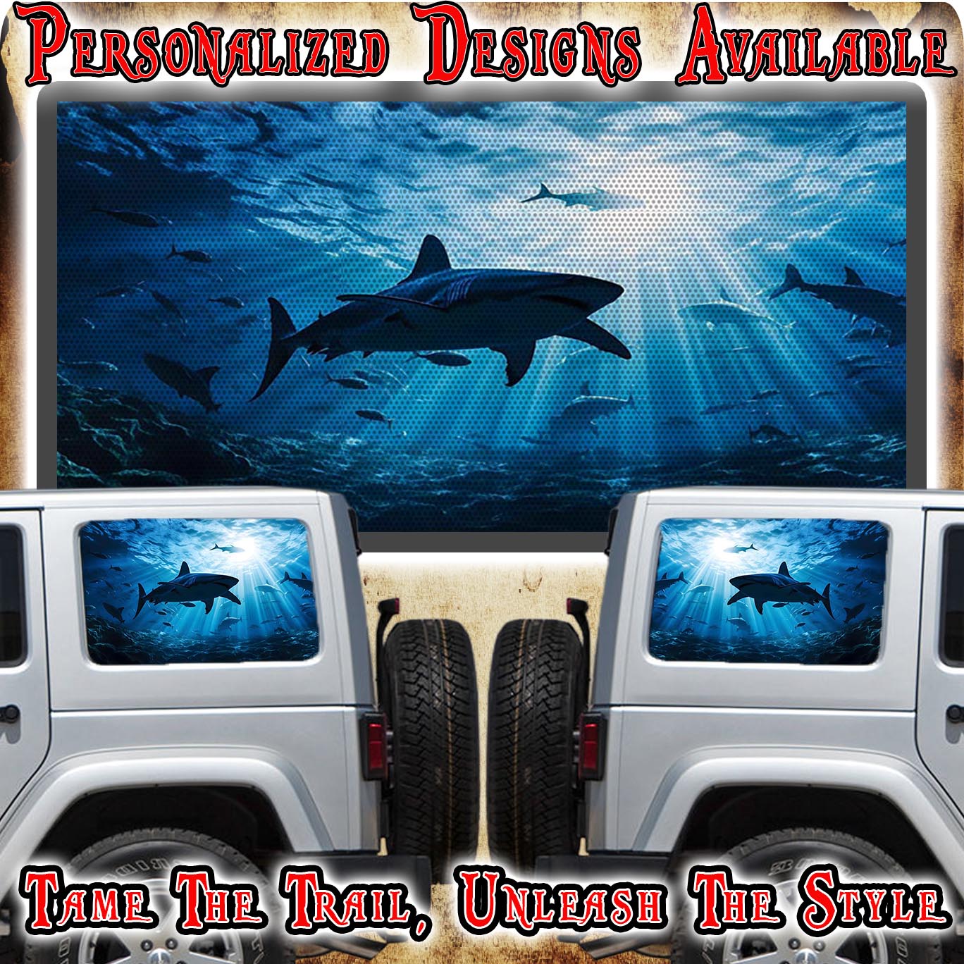 Sharks Rear quarter window see through graphic.