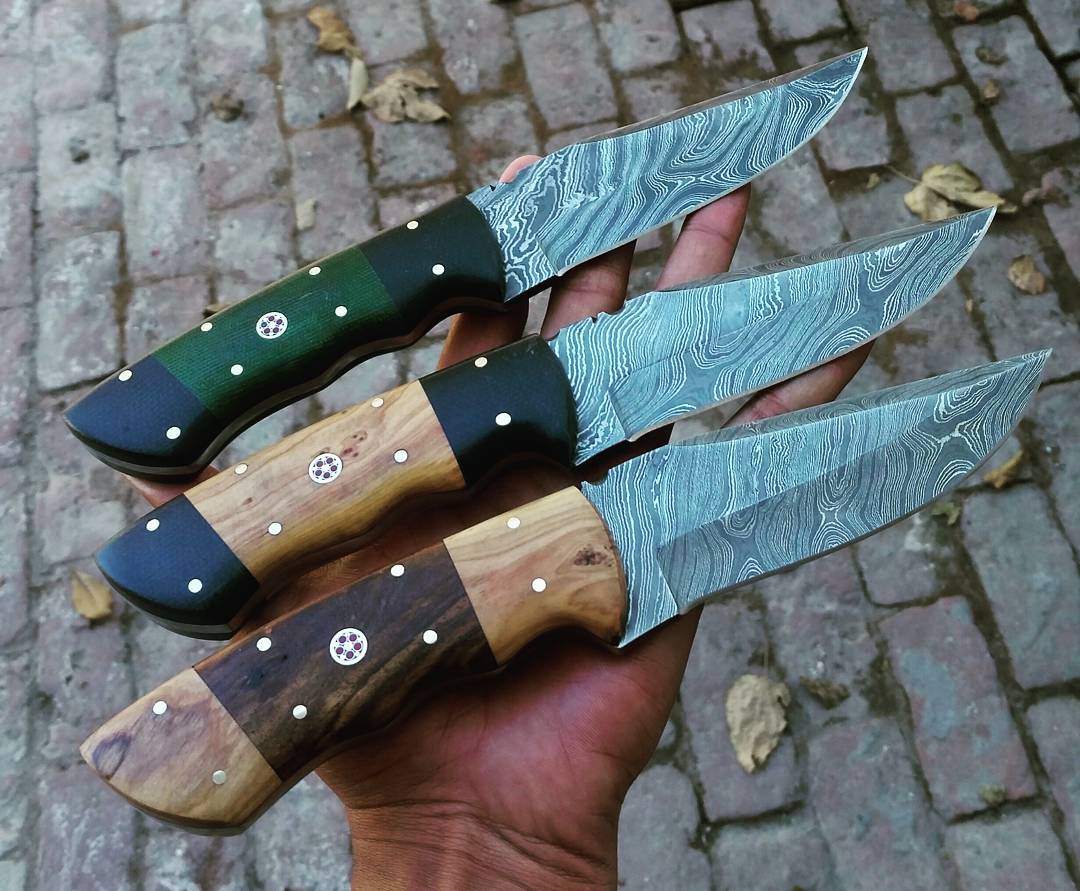 Premium Damascus Hunting Knife Set - 3 Knives with Micarta G10, Olive Wood, and Rosewood Handles, 9-Inch Blades, Leather Sheath