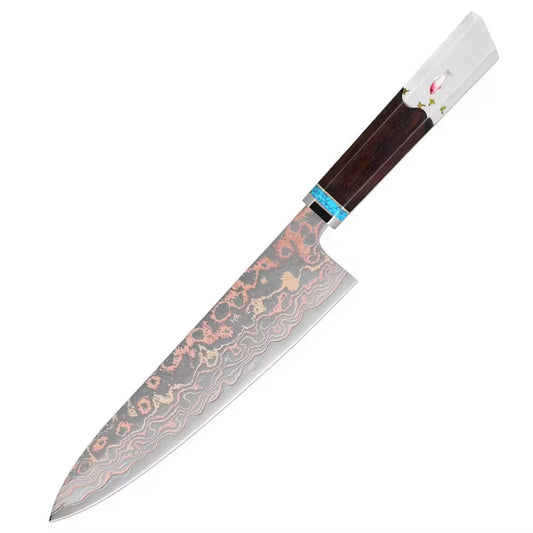 Noble Copper & Cobalt Alloy Damascus Chef Knife with Exotic Bloodwood & Resin Handle
