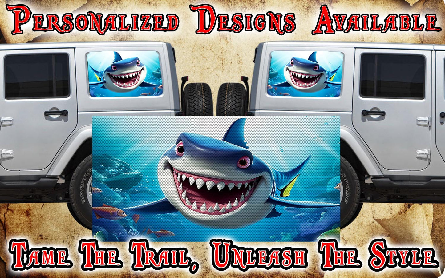 Happy Shark Rear quarter window see through graphic.