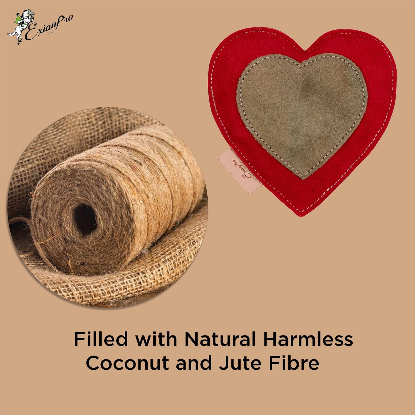 ExionPro Natural Leather Heart Dog Toy with Non Toxic Fiber Stuffing - Red Color