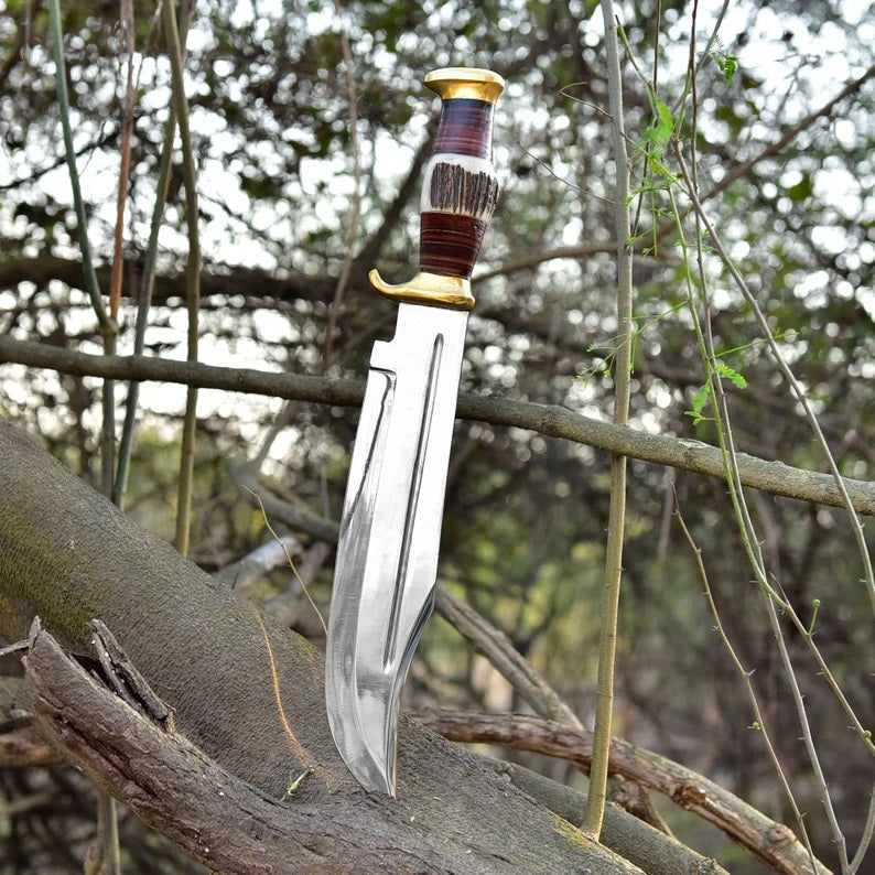 Premium D2 Steel Bowie Knife - 16" Overall, 11" Blade, Antler Horn Handle, Stacked Leather & Brass Guards